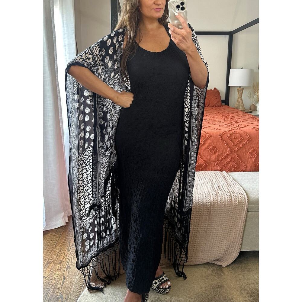 Express OS Black And White Fringe Tassel Kimono Bathing Suit Cover Up